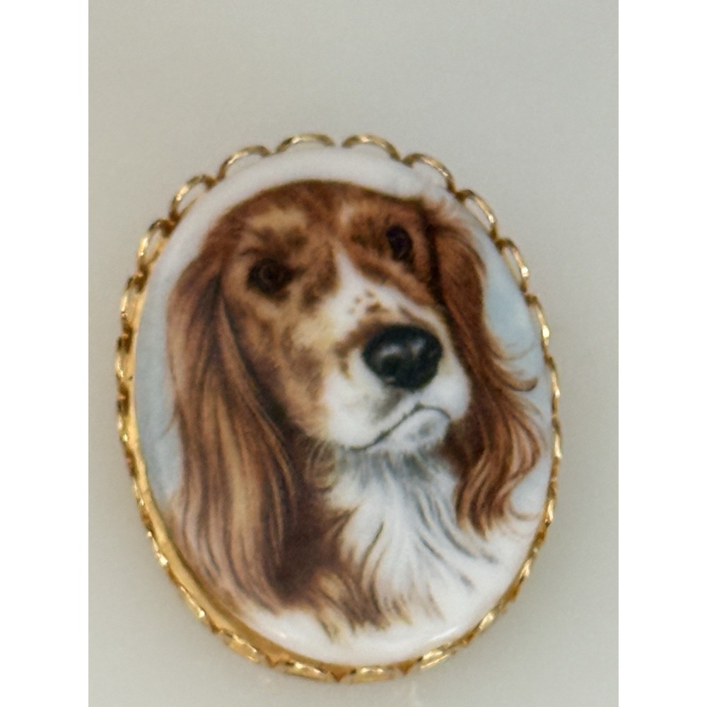 Vintage China or Porcelain Transfer Oval Pin Brooch Spaniel Hound Beagle NWOT‎ - Picture 12 of 15